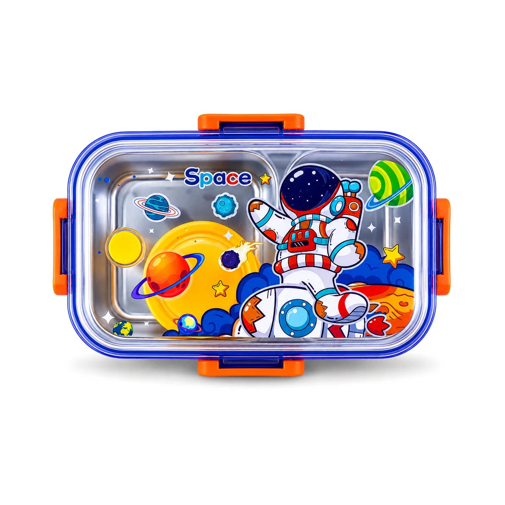 IQIX 700 ML 2-Compartment Stainless Steel Lunch Box with Sauce Pot | Space Astronaut Design