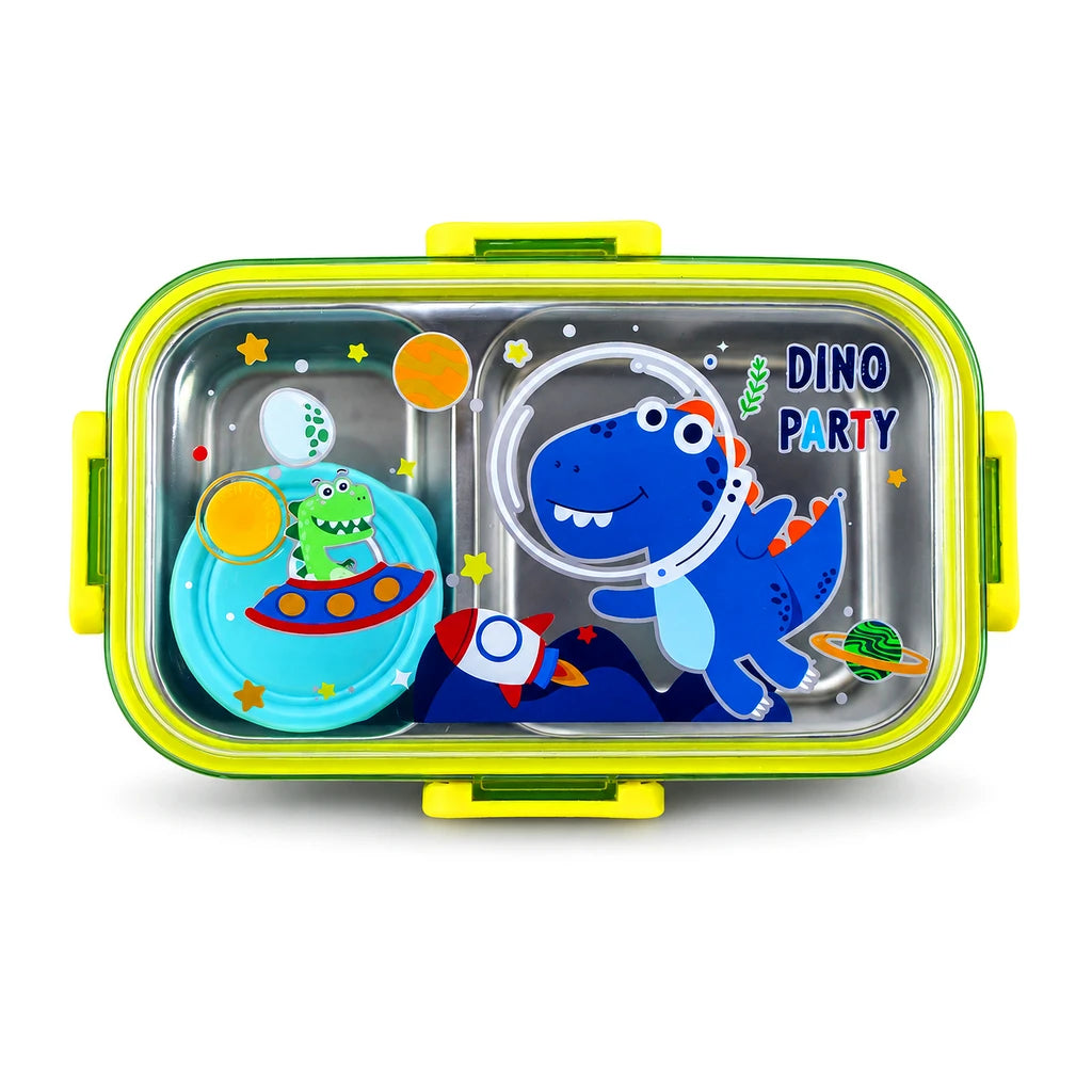 IQIX 700 ML 2-Compartment Stainless Steel Lunch Box with Sauce Pot | Dino Party Design