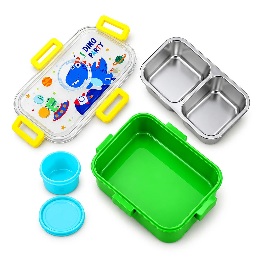 IQIX 700 ML 2-Compartment Stainless Steel Lunch Box with Sauce Pot | Dino Party Design