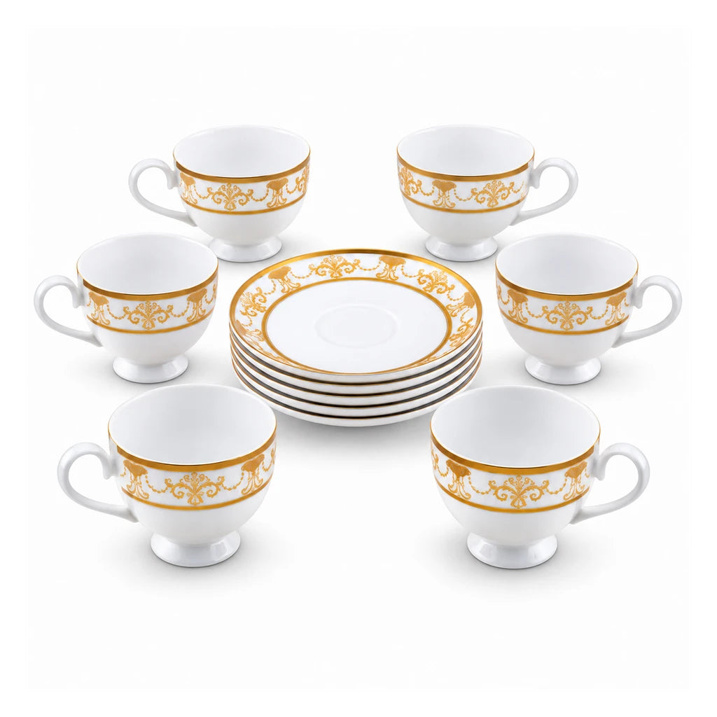 Royale 12-Piece Cup and Saucer Set | White & Gold Classic