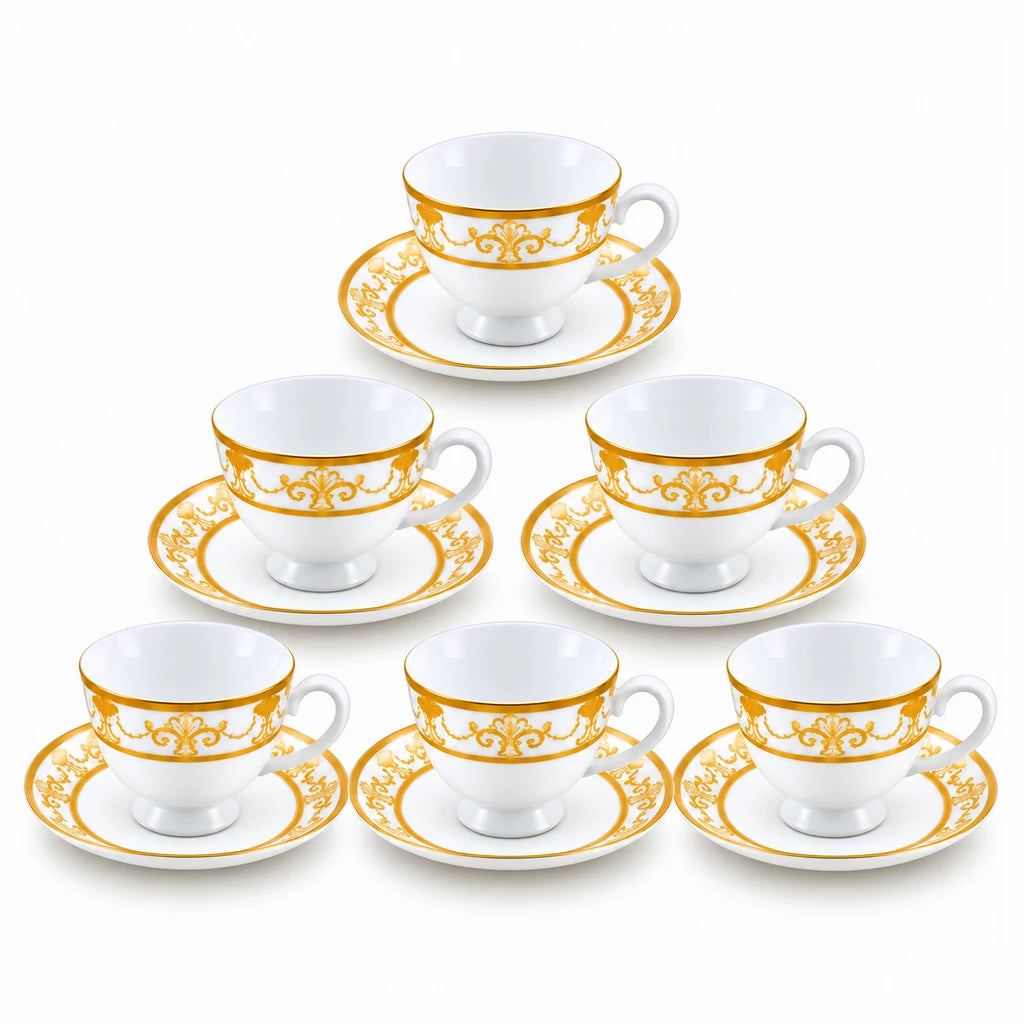 Royale 12-Piece Cup and Saucer Set | White & Gold Classic