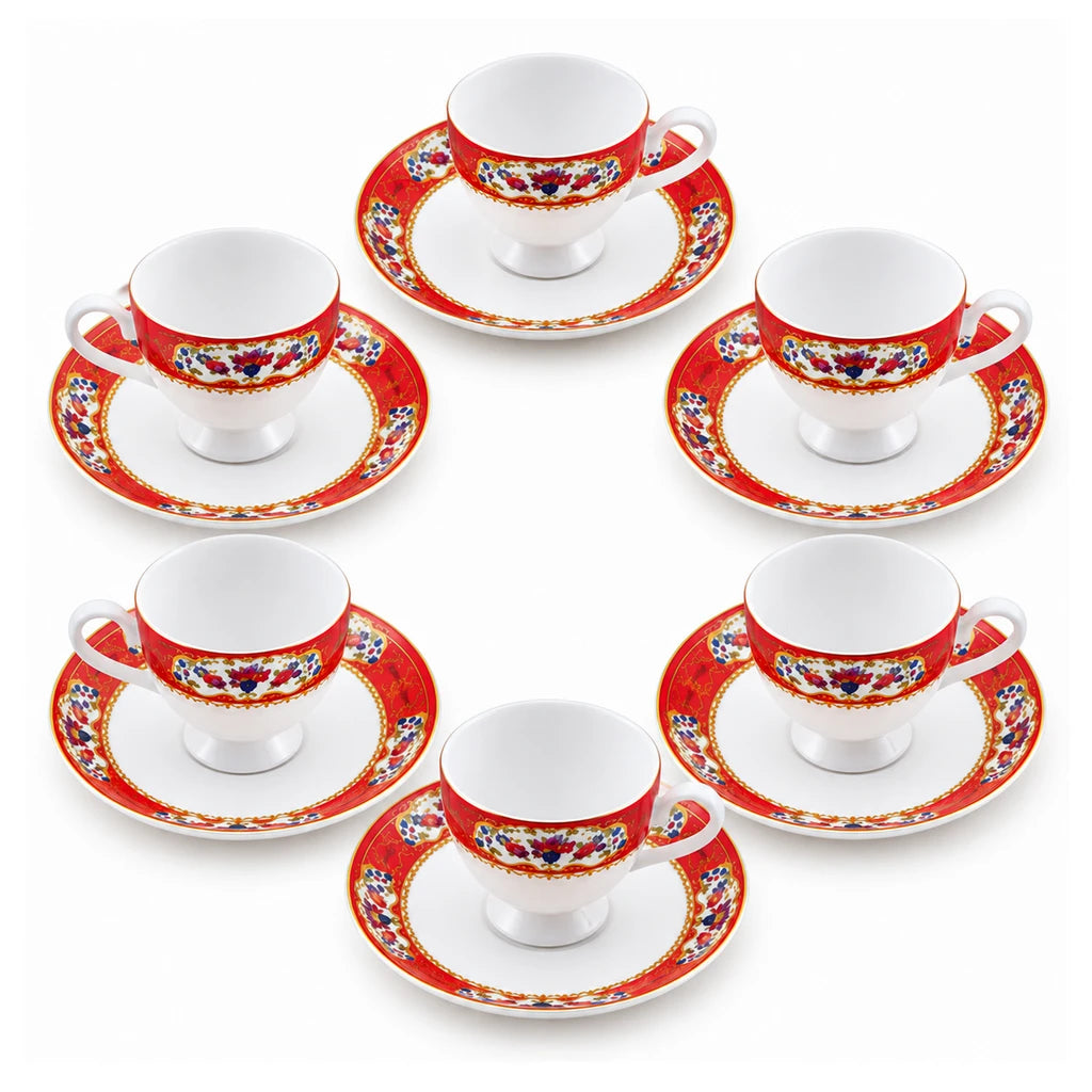 Royale 12-Piece Cup and Saucer Set | Red Floral Festive