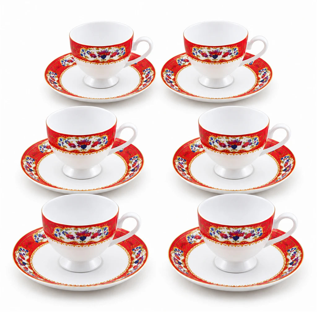 Royale 12-Piece Cup and Saucer Set | Red Floral Festive