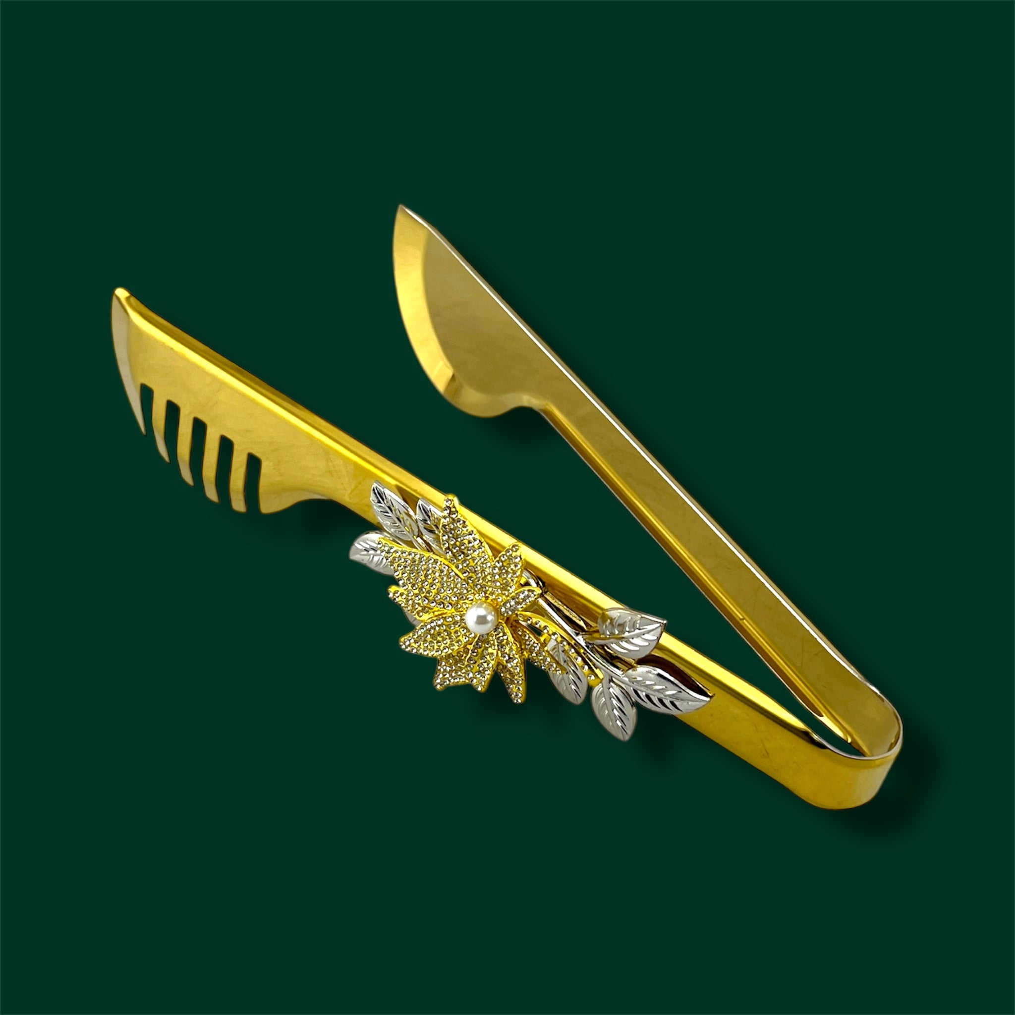 Fancy Food Tong Golden 9" Flower Design