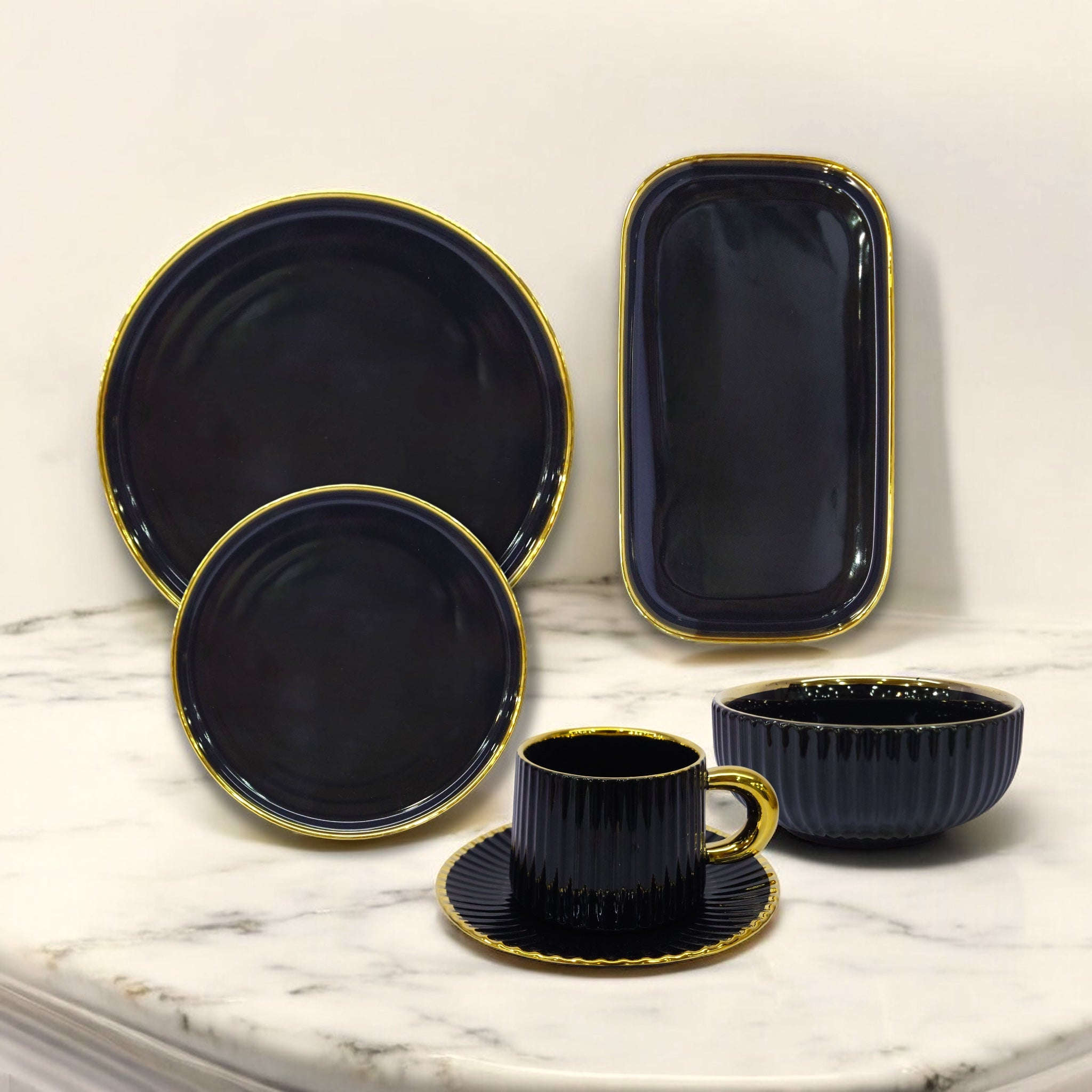 Fancy Porcelain 32-Piece Breakfast Set Black With Golden Line Borders Kaka Bawa Sons