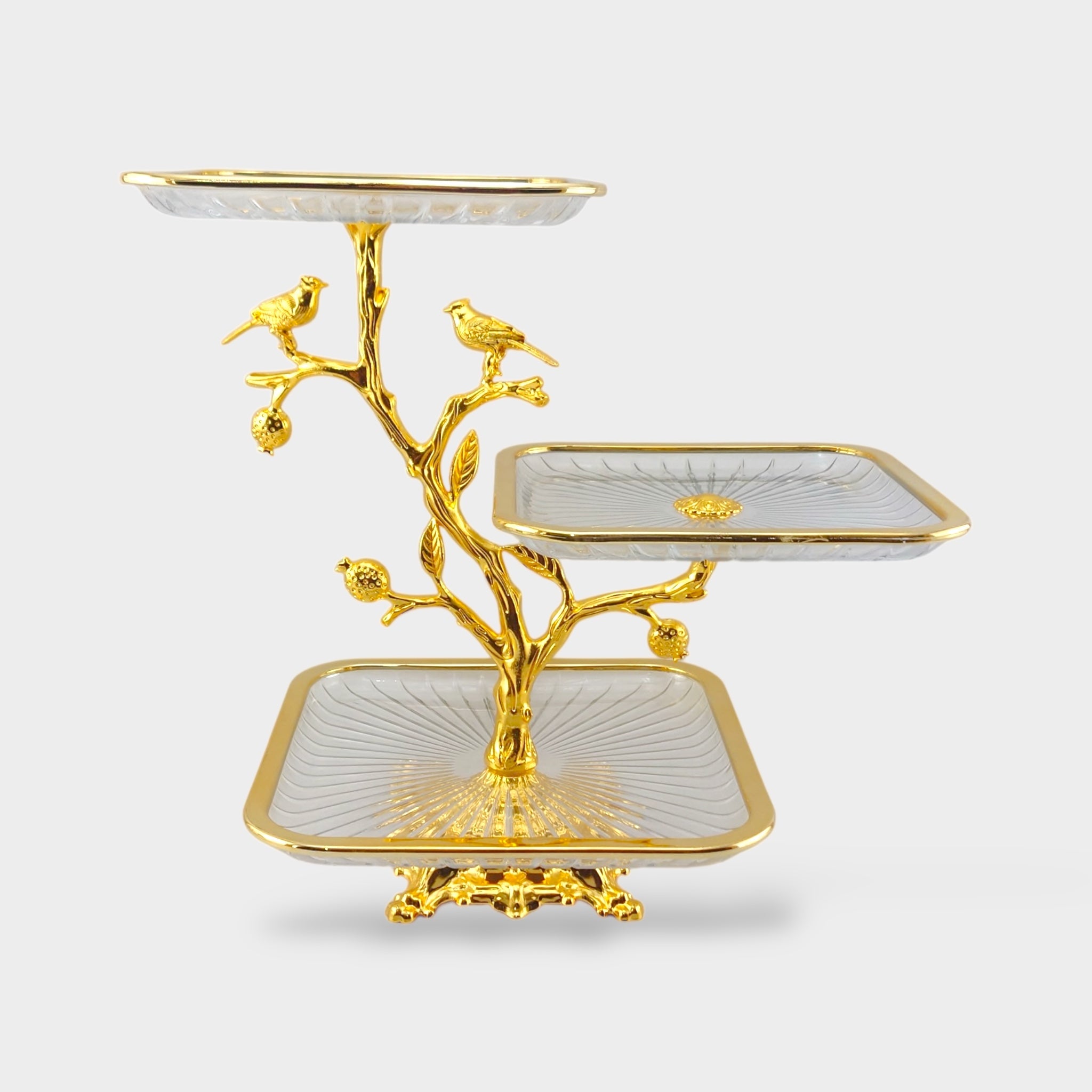 3-Tier Square Fancy Glass Platter Golden