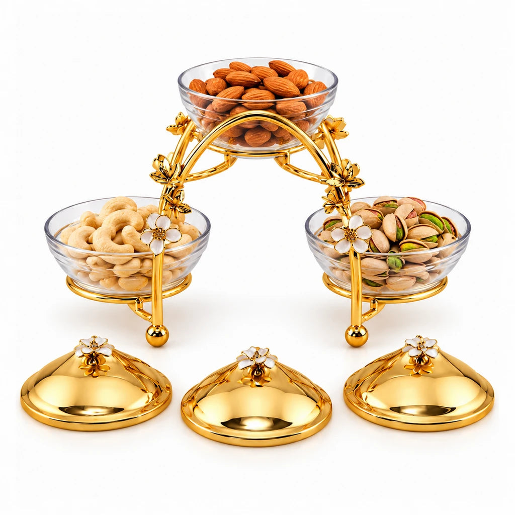 Fancy 3-Bowl Glass Dry Fruit Dish With Arched Stainless Steel Stand & Gold-Toned Lids