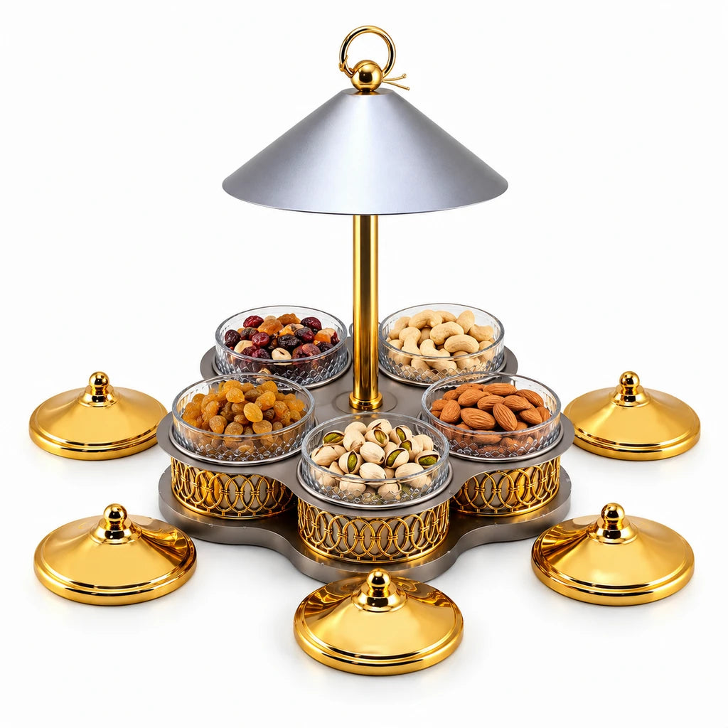 Fancy 5-Bowl Glass Dry Fruit Stand With Steel Lids & Ring-Top Canopy
