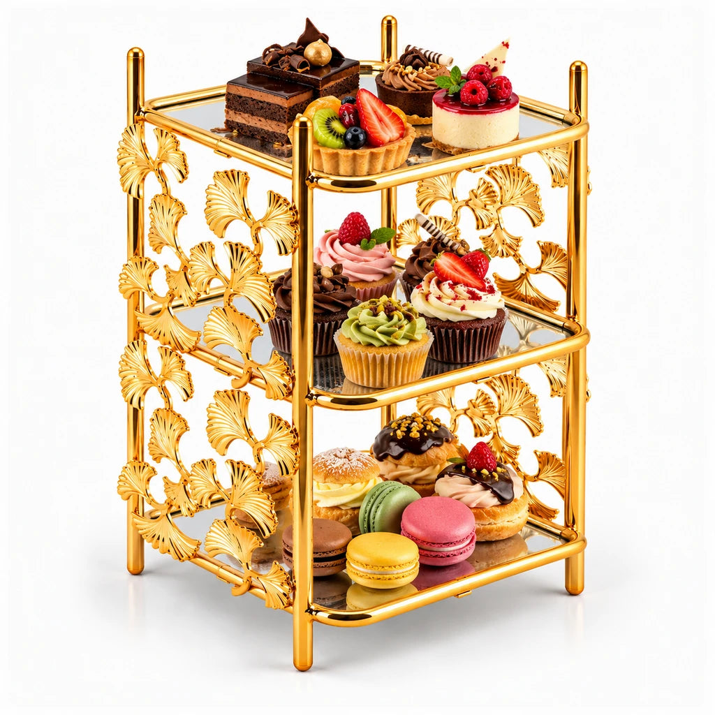 Fancy 3-Tier Rectangular Glass Dessert Stand With Gold-Toned Leaf Frame
