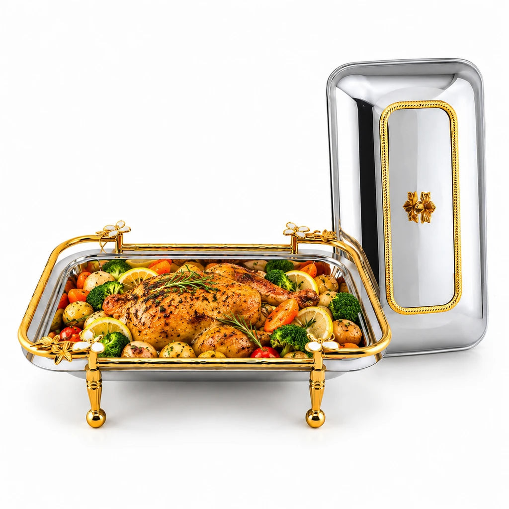 Fancy Stainless Steel Rectangular Serving Dish With Stand - 40, 41 & 47 cm