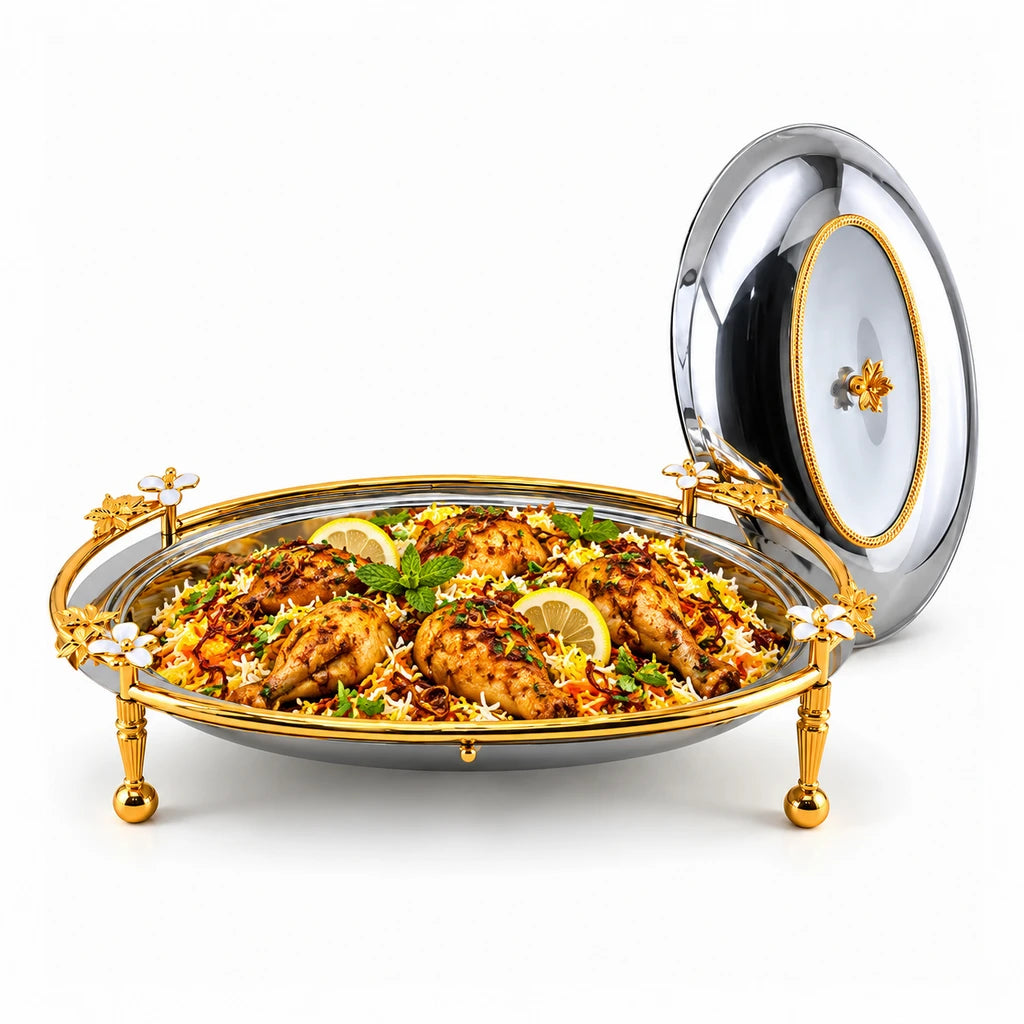 Fancy Stainless Steel 42 cm Oval Serving Dish With Lid & Stand