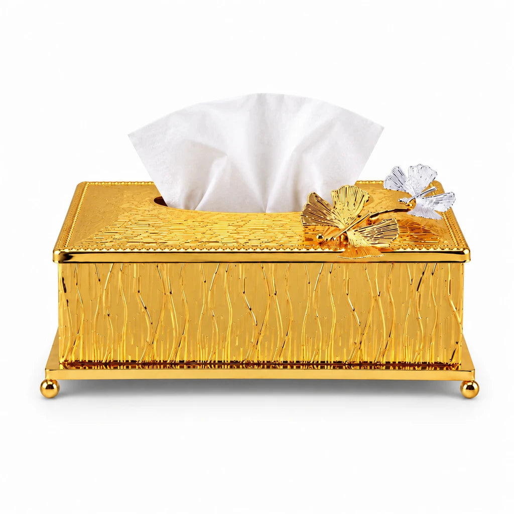 Fancy Gold-Toned Stainless Steel Tissue Box With Leaf Accents & Textured Sides