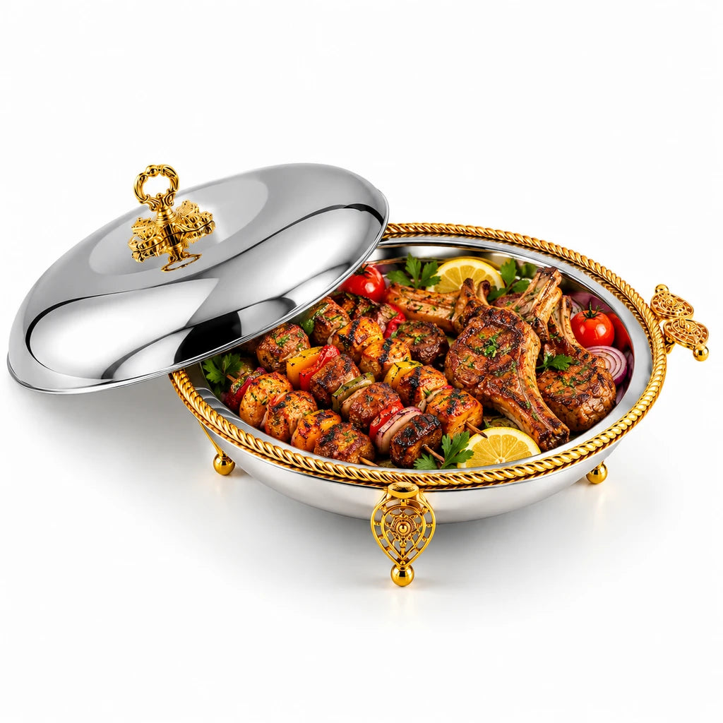 Fancy Stainless Steel Round BBQ Platter With Stand & Lid