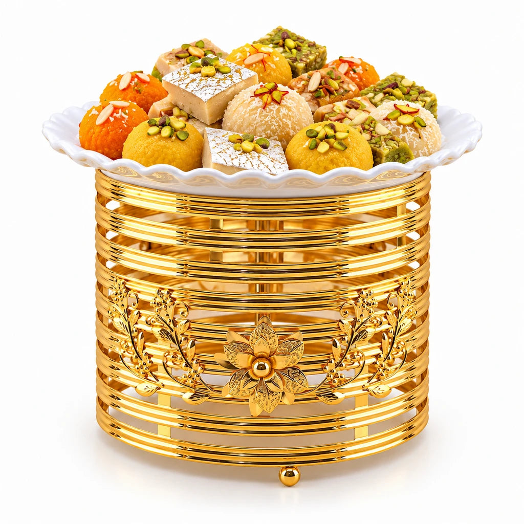 Lotus 27 cm Round Ceramic Serving Dish With Gold-Toned Floral Ring Stand