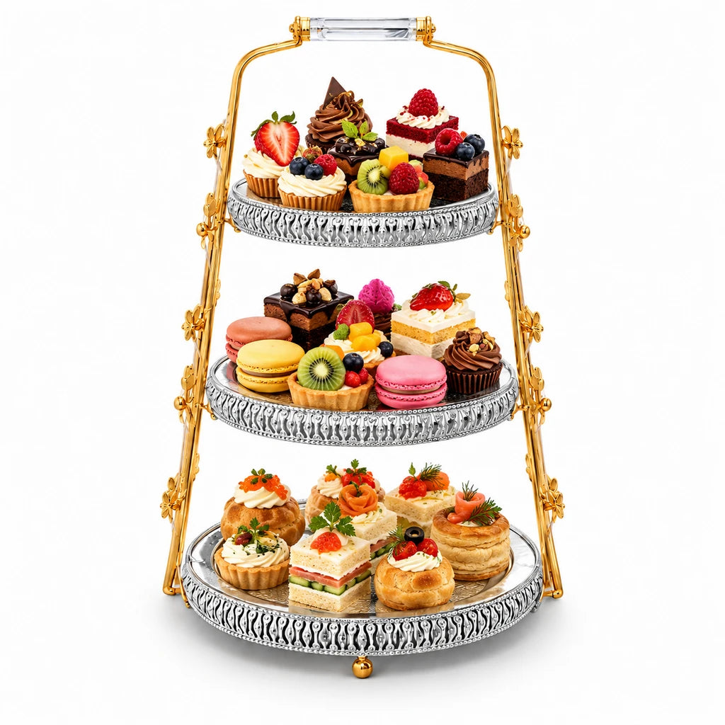 Fancy 3-Tier Round Stainless Steel Dessert Stand With Gold-Toned Floral Frame