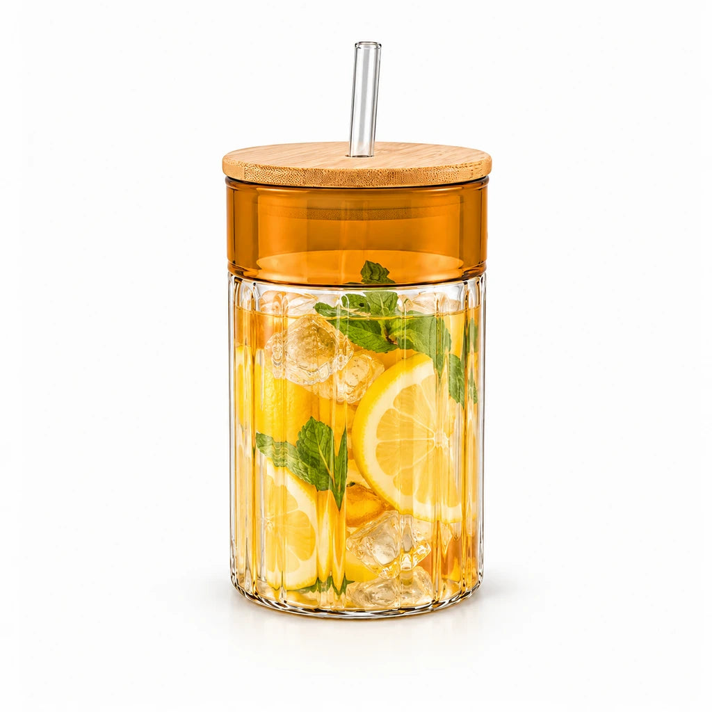 D.W.M 350 ml Ribbed Glass Mason Jar With Brown Band, Wooden Lid & Straw