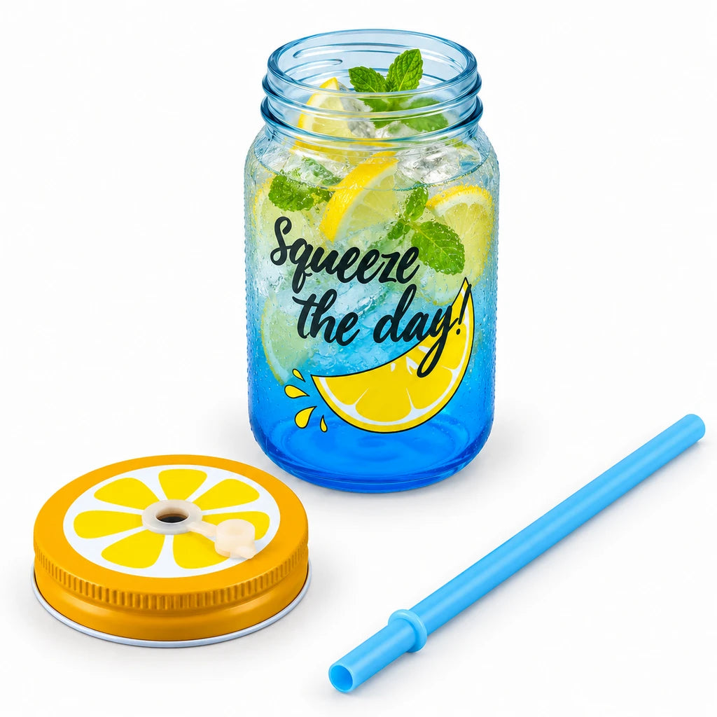 Kleeyo Blue Squeeze the Day Glass Drinking Mason Jar, 450 ml