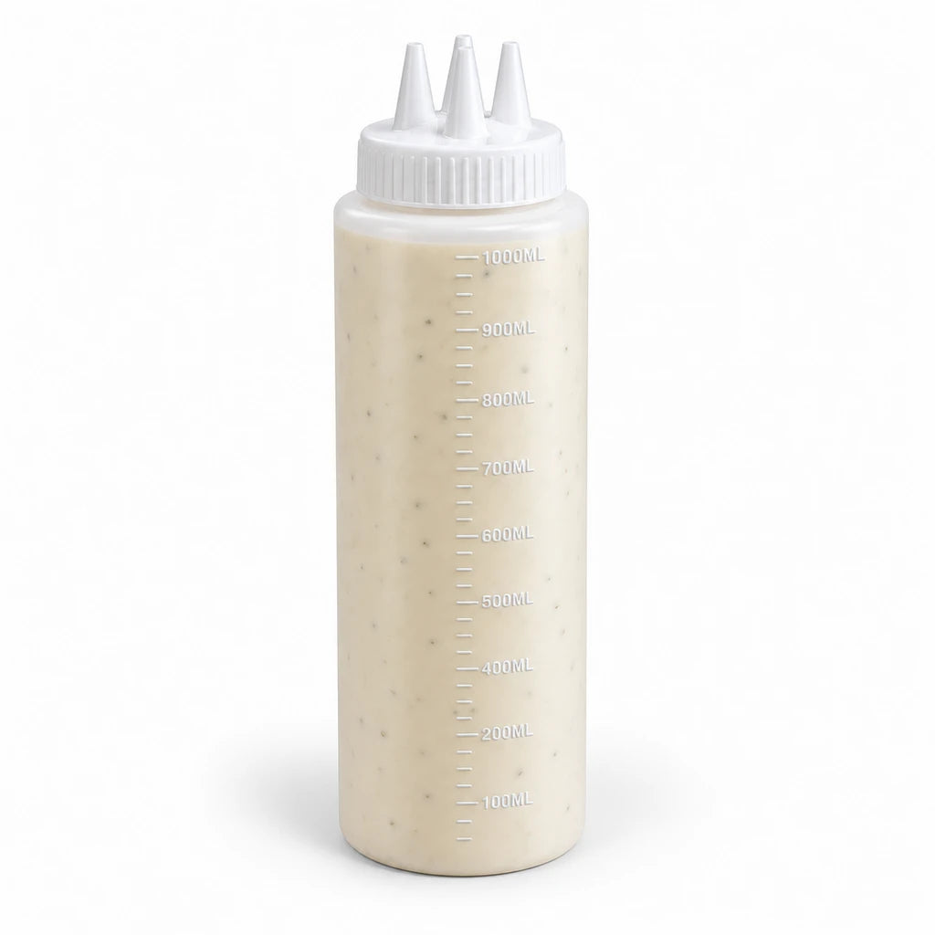 Best 1000 ml White Plastic Sauce Bottle With 3 Nozzles & Volume Markings