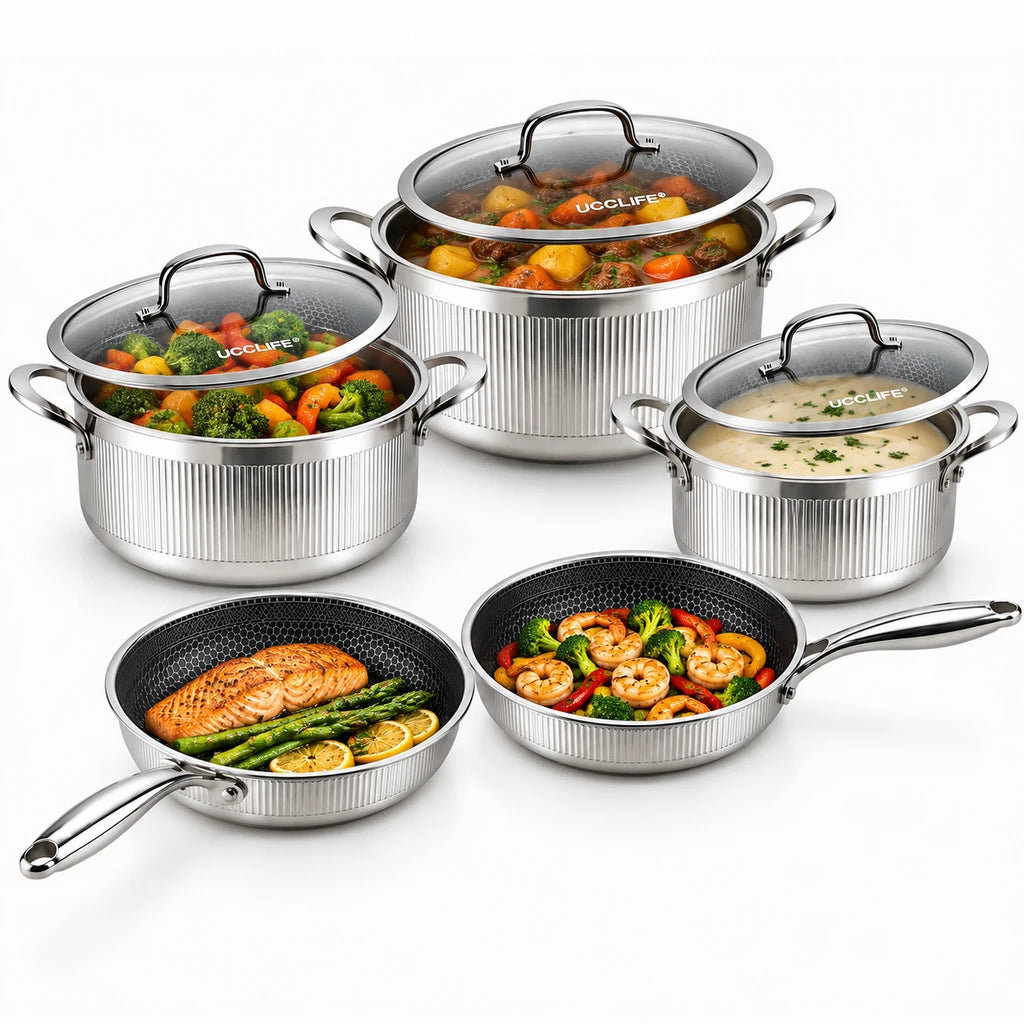 UCC Life 8-Piece Honeycomb Non-Stick Stainless Steel Cookware Set
