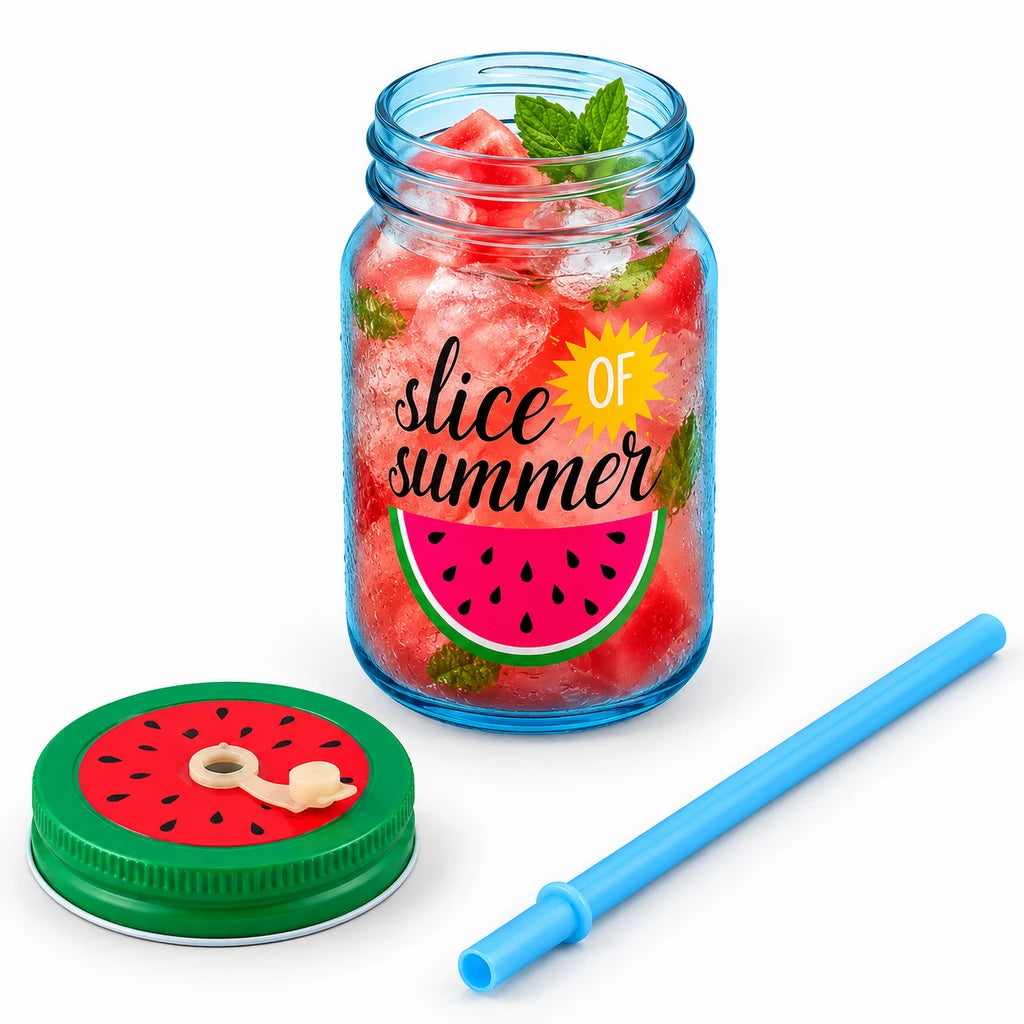 Kleeyo Blue Slice of Summer Glass Drinking Mason Jar, 450 ml