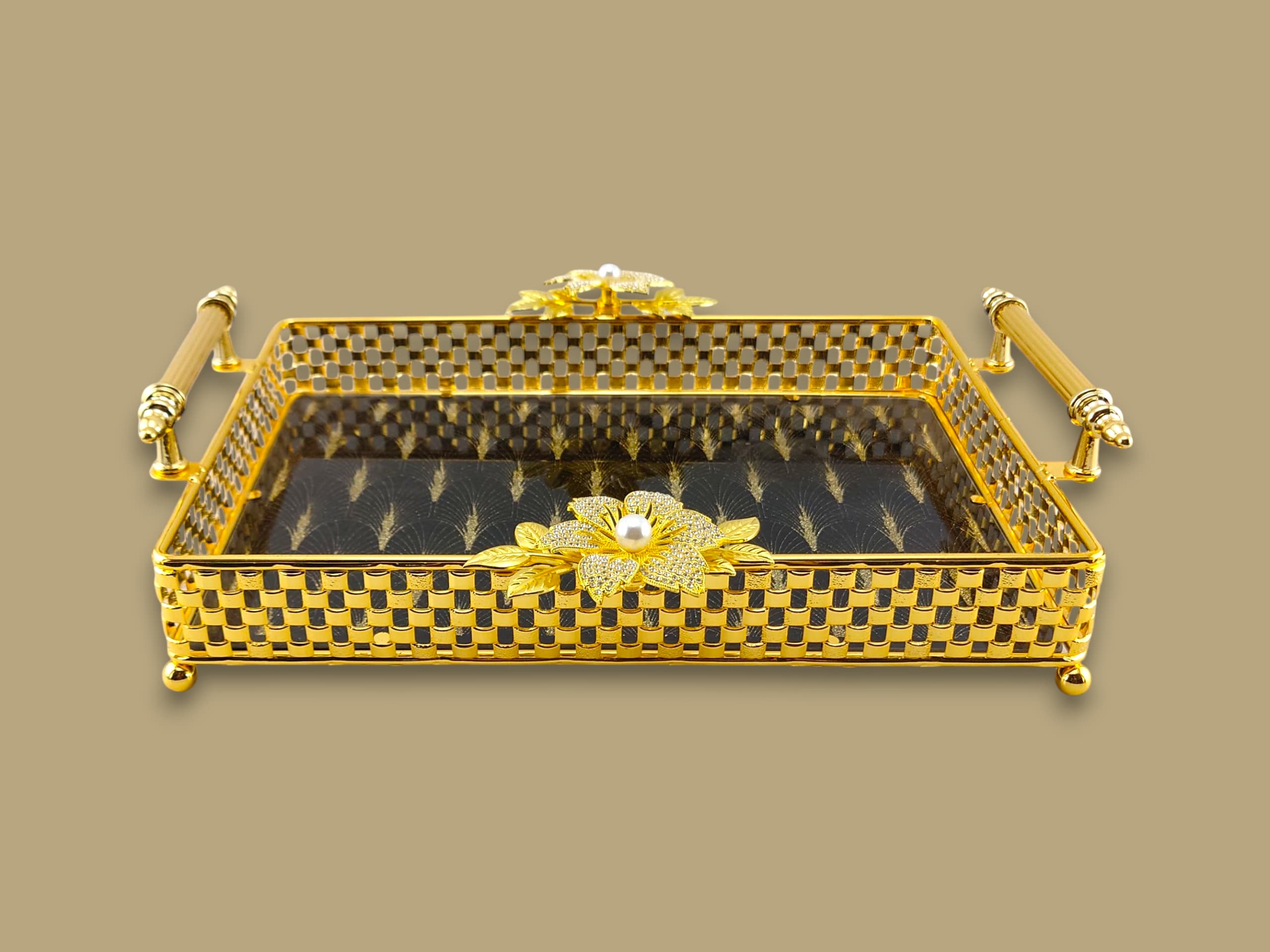Fancy Glass Rectangular Tray Golden