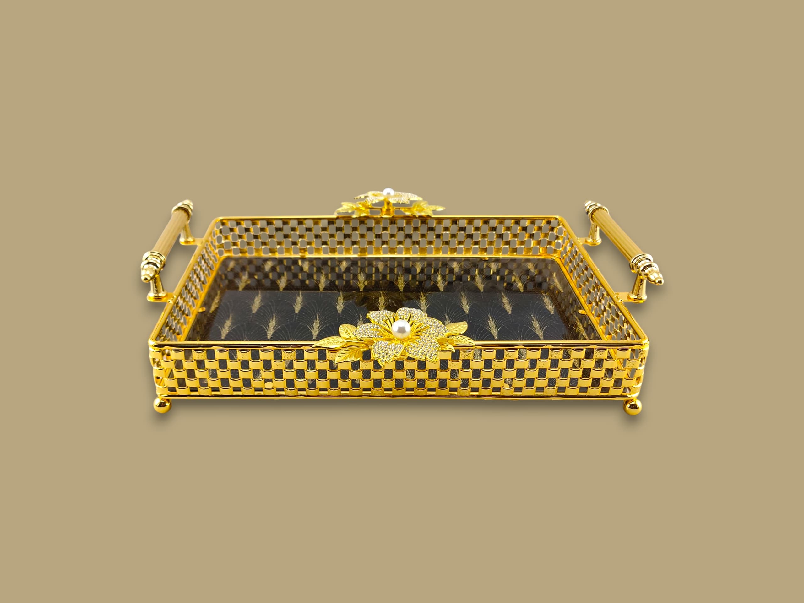 Fancy Glass Rectangular Tray Golden
