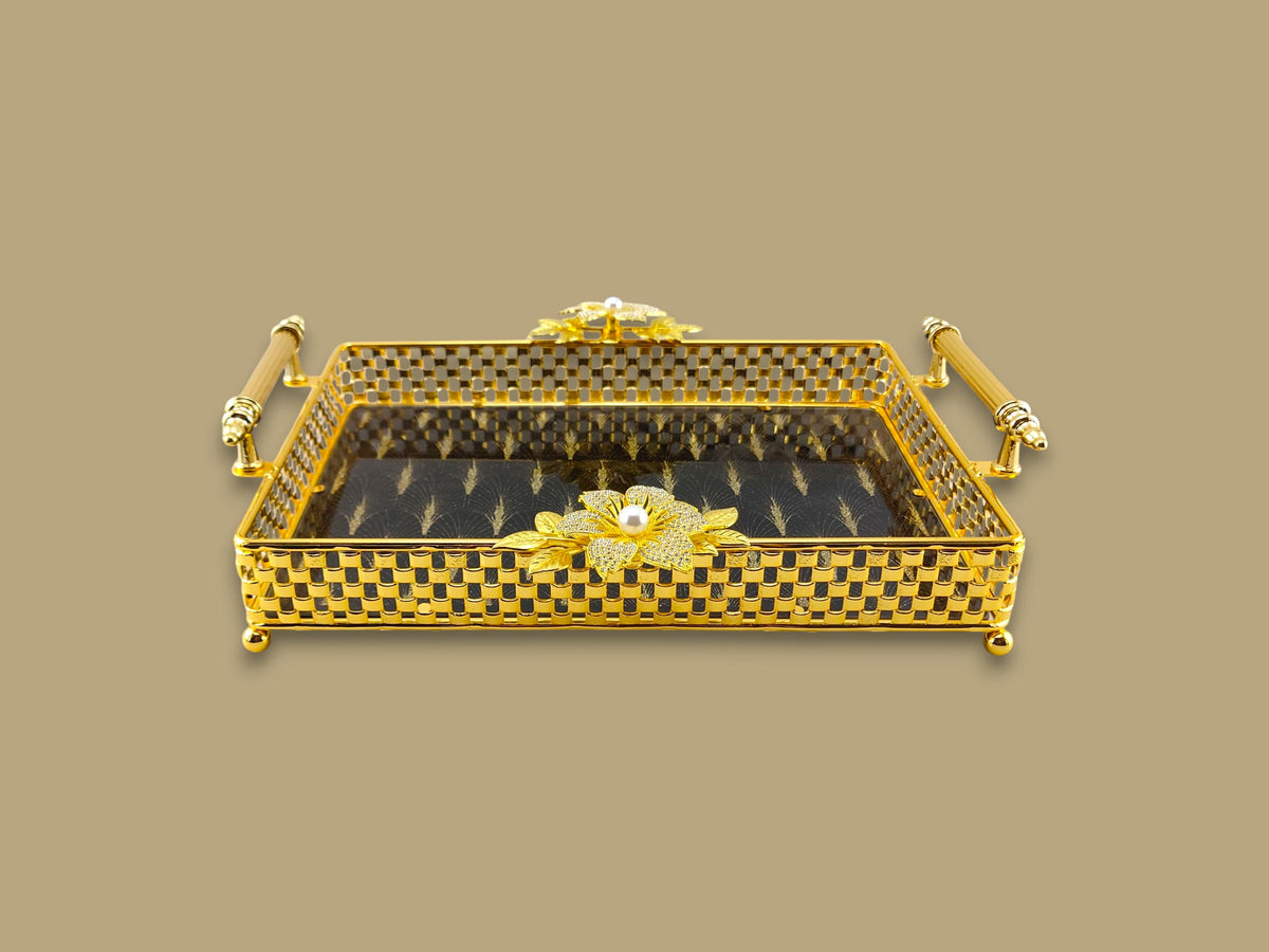 Fancy Glass Rectangular Tray Golden Kaka Bawa Sons