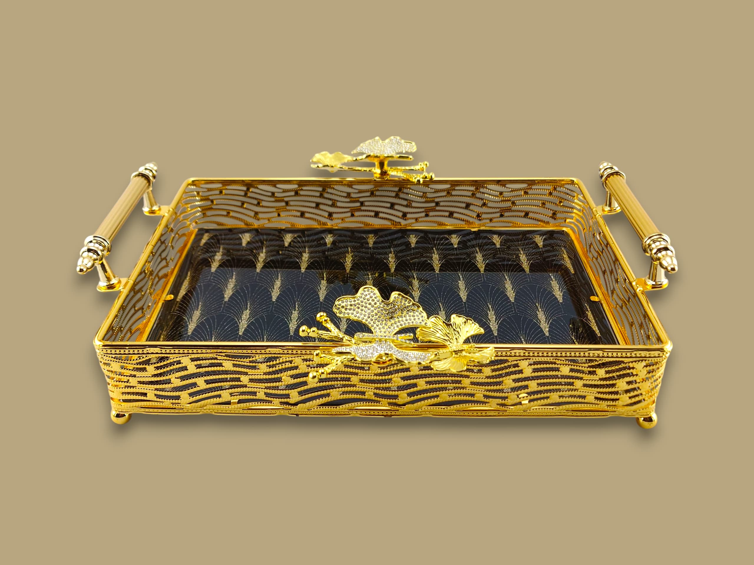 Fancy Glass Rectangular Tray Golden Kaka Bawa Sons