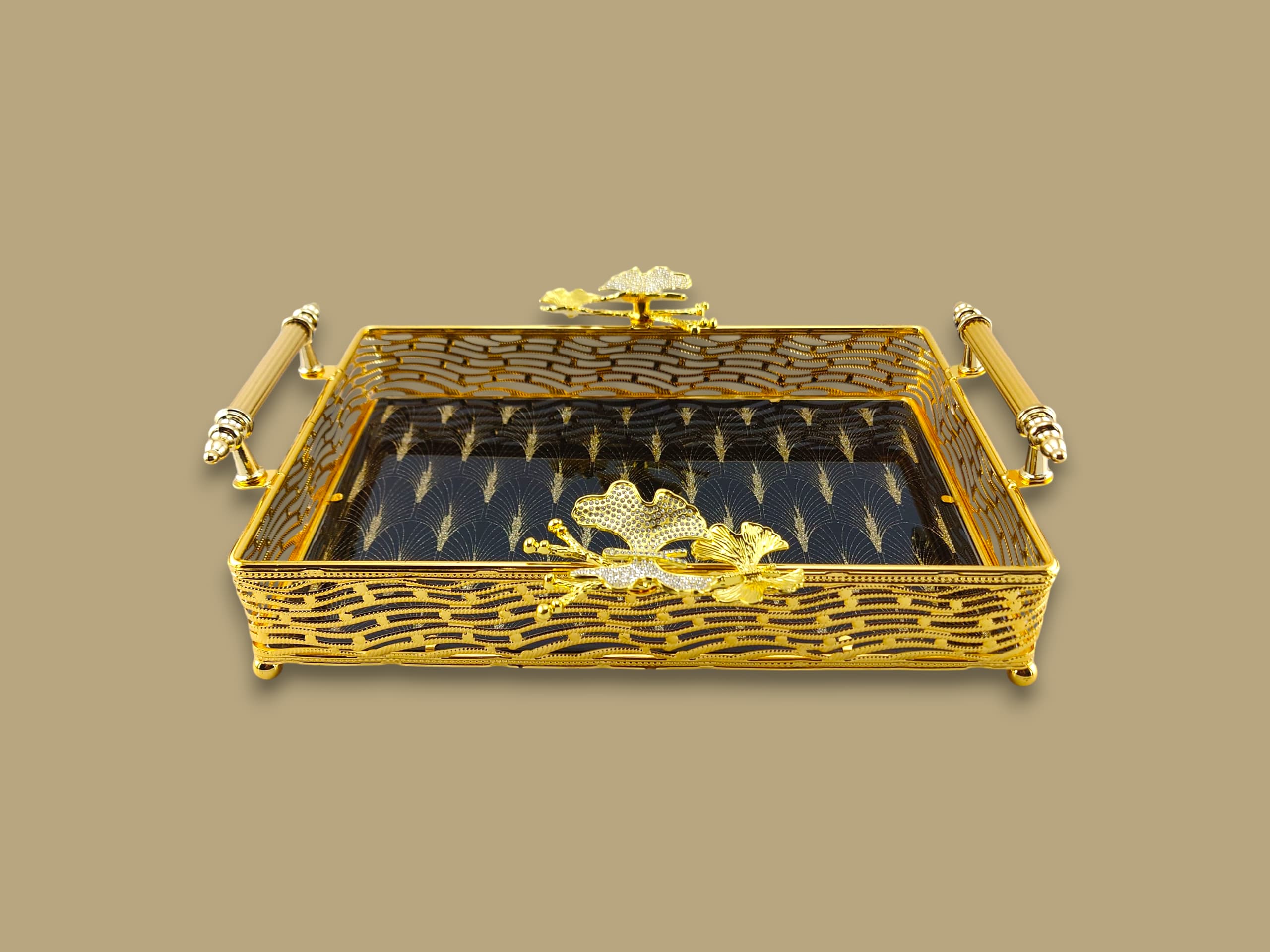 Fancy Glass Rectangular Tray Golden Kaka Bawa Sons