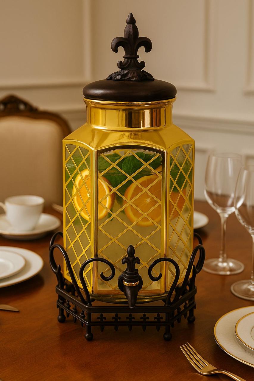 Luxury 6-Litre Beverage Dispenser Golden With Iron Stand Kaka Bawa Sons