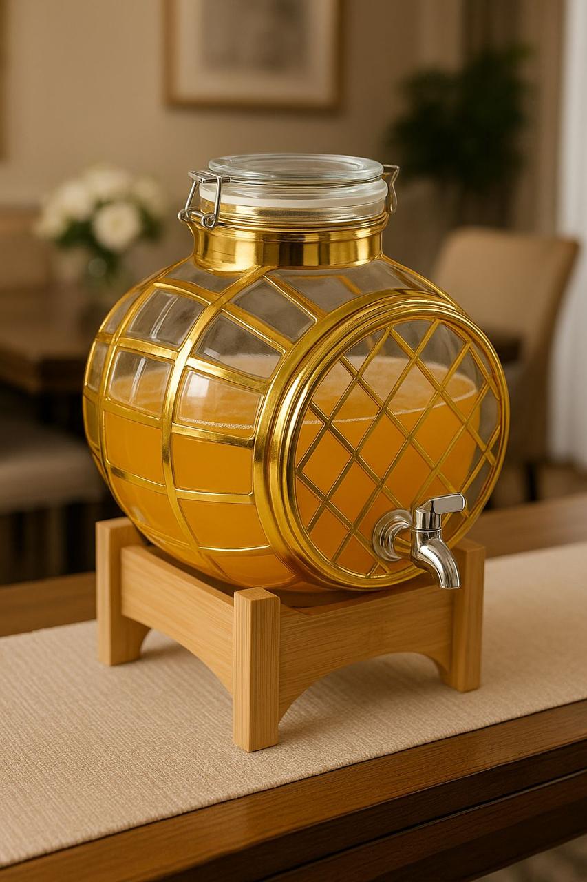 Luxury Barrel-Shaped Beverage Dispenser Golden With Wooden Stand