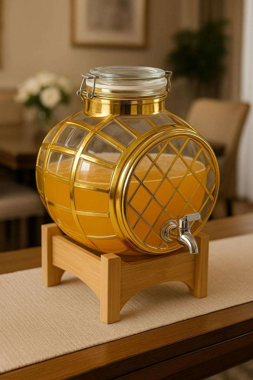 Luxury Barrel-Shaped Beverage Dispenser Golden With Wooden Stand Kaka Bawa Sons