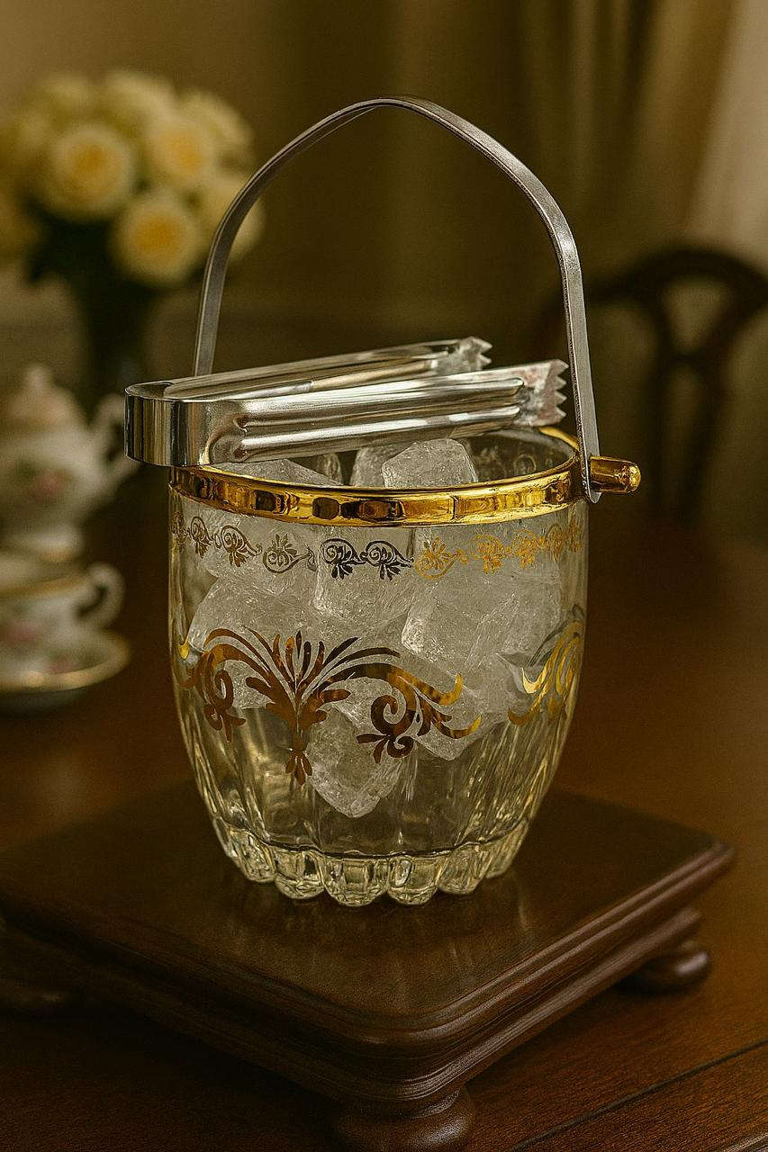 Fancy Glass Ice Bucket Golden With Tong Kaka Bawa Sons