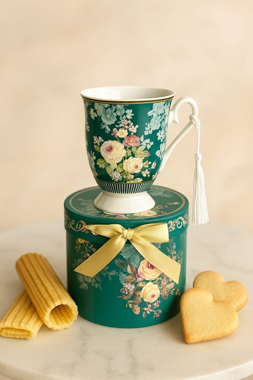 Porcelain 300ml Green Flower Design Mug with Gift Box