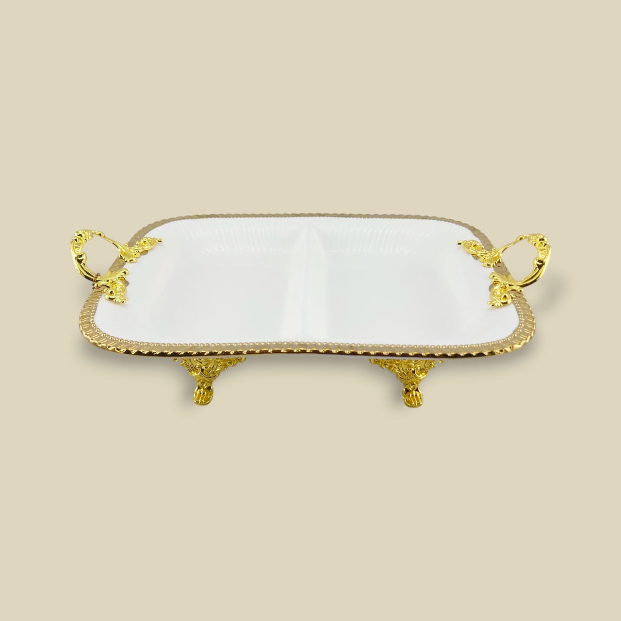 Angela Country Rectangular Golden Porcelain 2-Section Serving Footed Dish (AB-64)