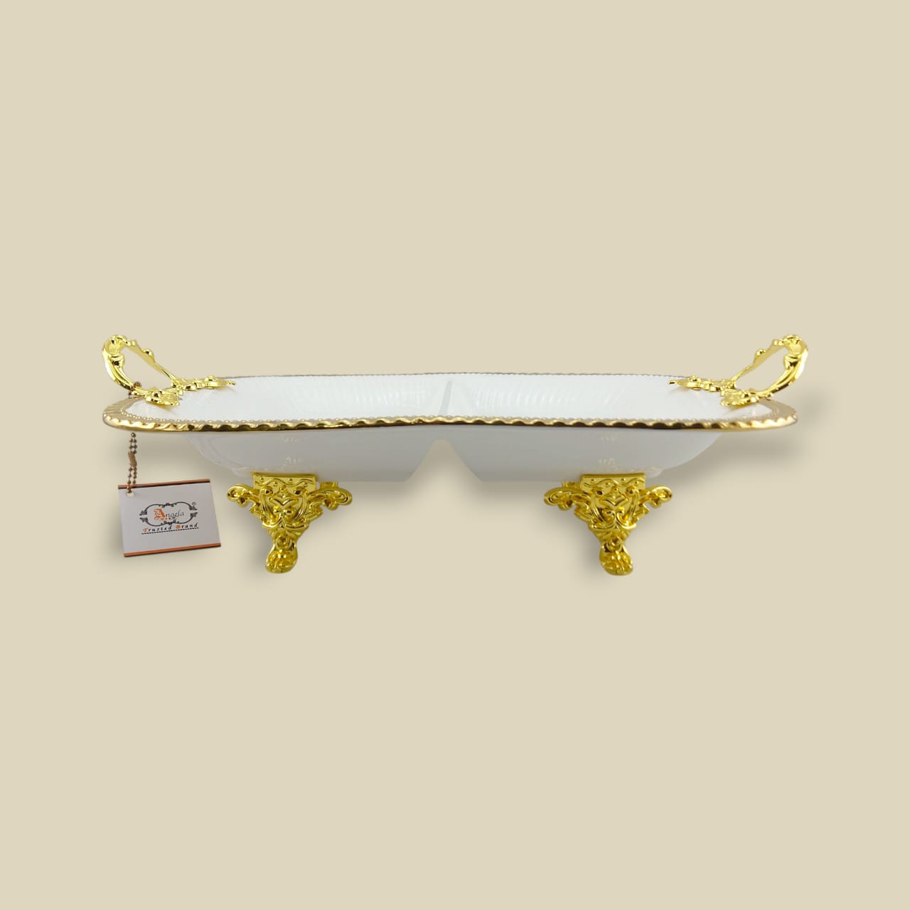 Angela Country Rectangular Golden Porcelain 2-Section Serving Footed Dish (AB-64)