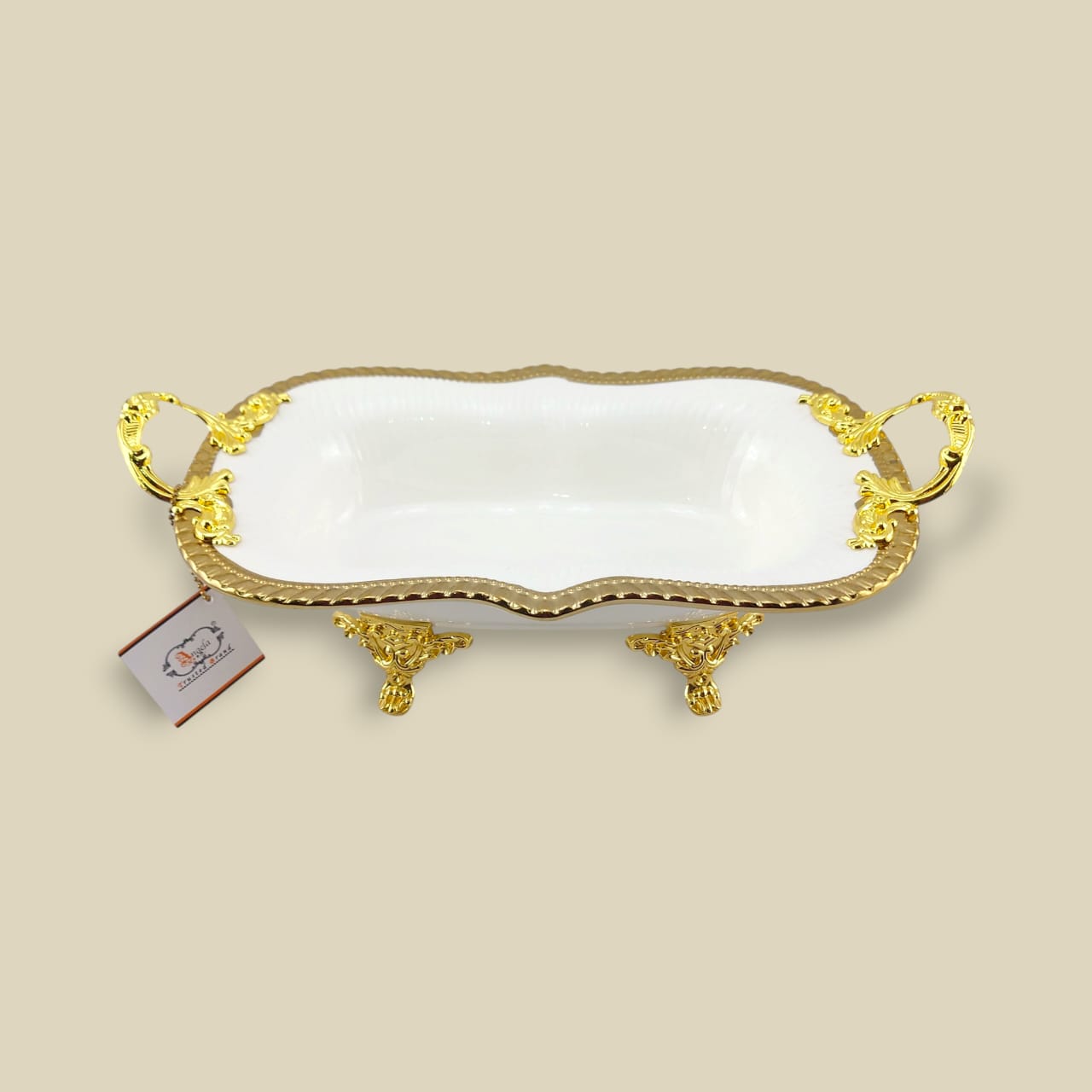 Angela Country Rectangular Golden Porcelain Serving Footed Dish (AB-72) Kaka Bawa Sons