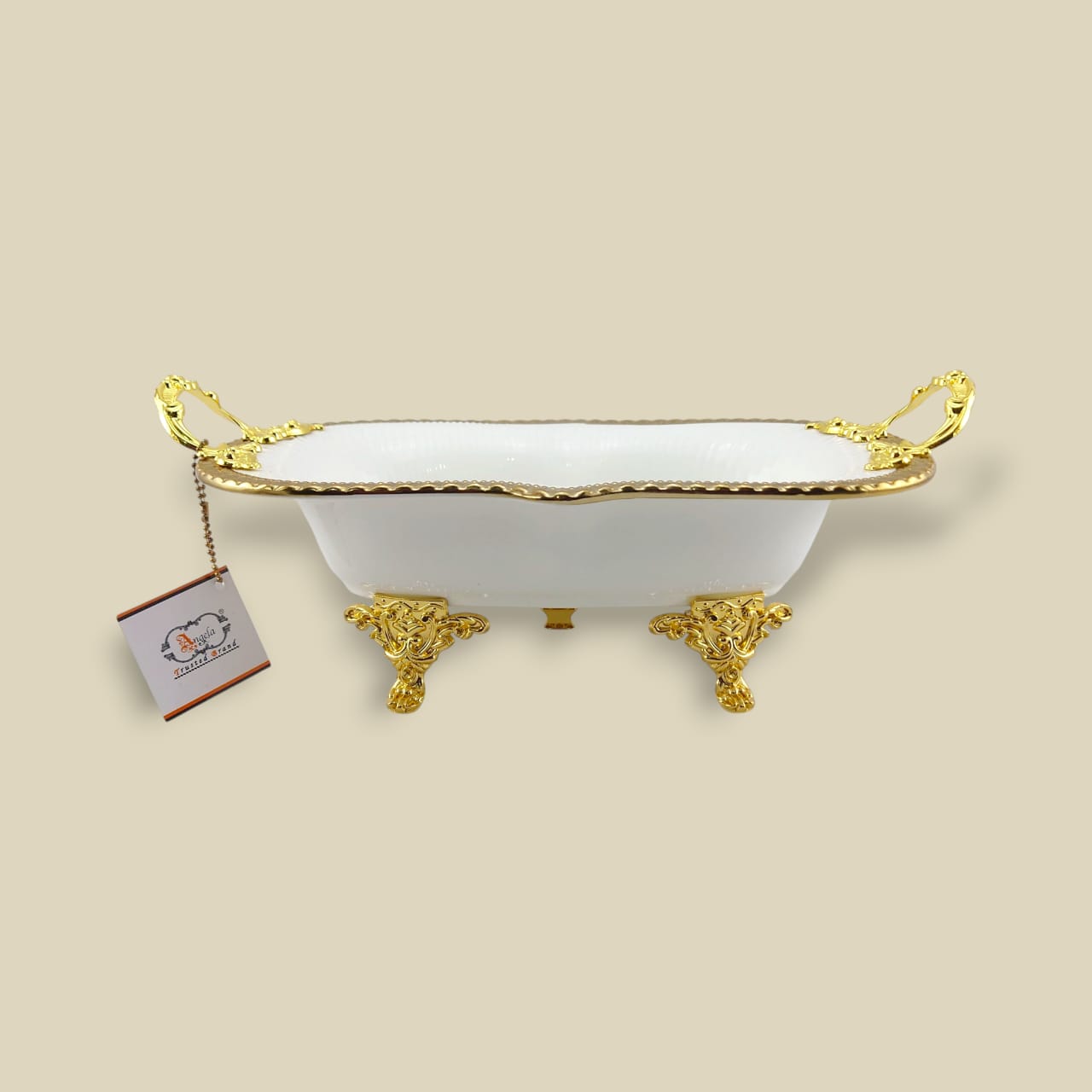 Angela Country Rectangular Golden Porcelain Serving Footed Dish (AB-72)