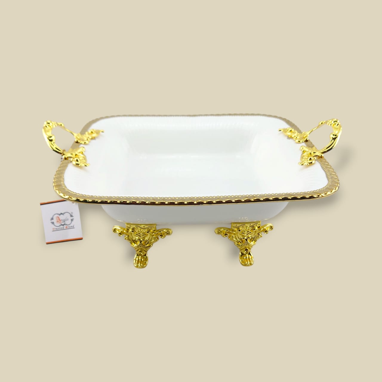 Angela Country Rectangular Golden Porcelain Serving Footed Dish 29*26 CM (AB-80)