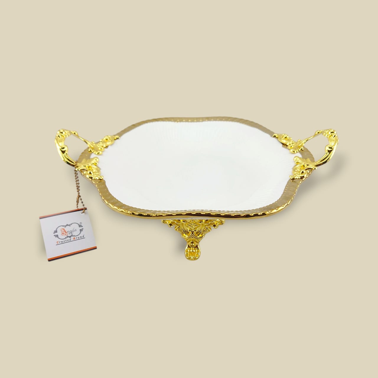 Angela Country Square Golden Porcelain Serving Footed Dish 26*23 CM (AB-76) Kaka Bawa Sons