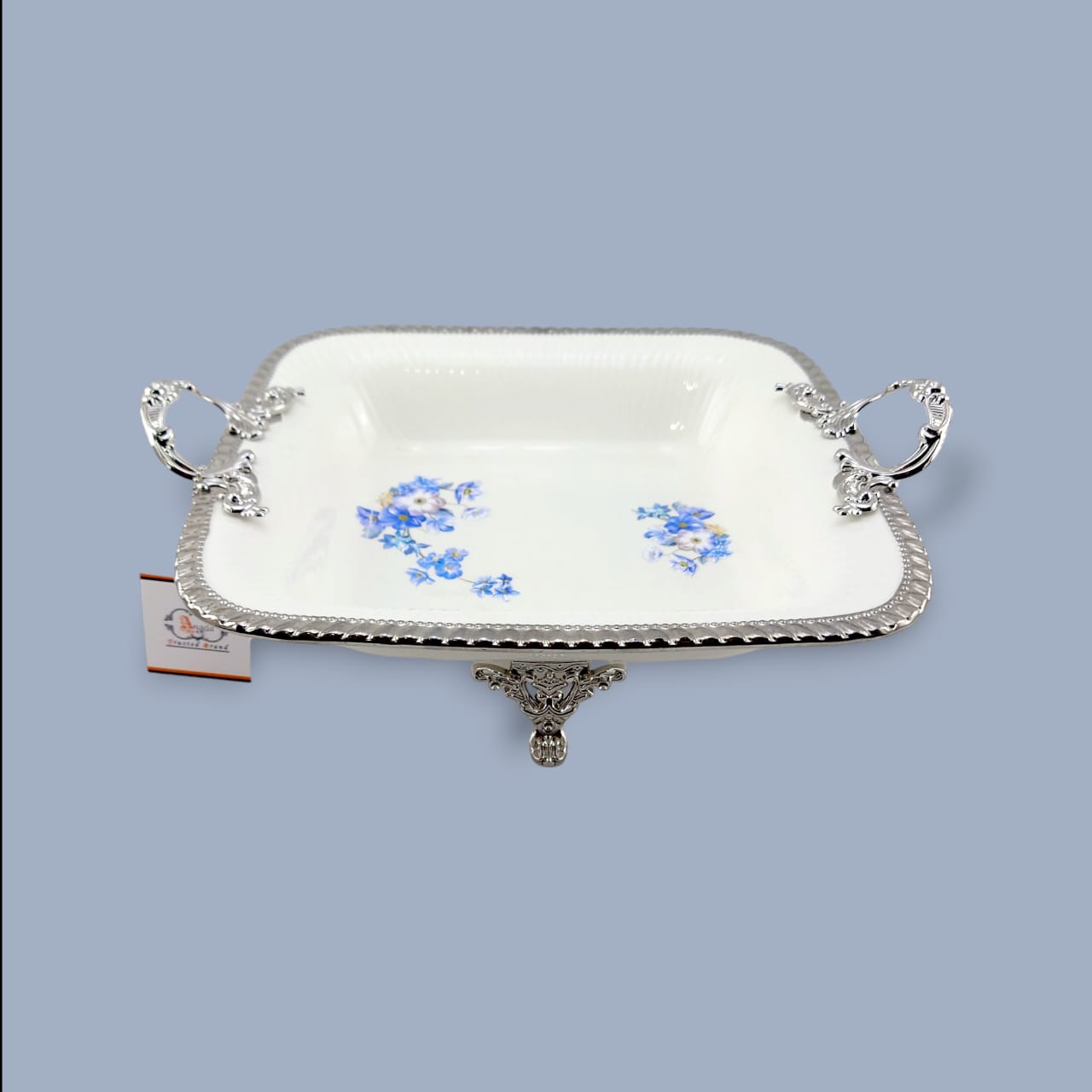 Angela Country Rectangular Silver Blue Roses Porcelain Serving Footed Dish 29*26 CM (AB-58)