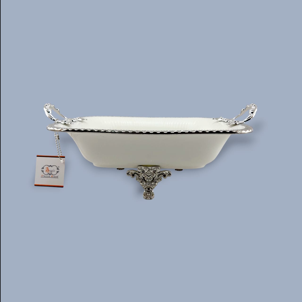 Angela Country Rectangular Silver Blue Roses Porcelain Serving Footed Dish 29*26 CM (AB-58)