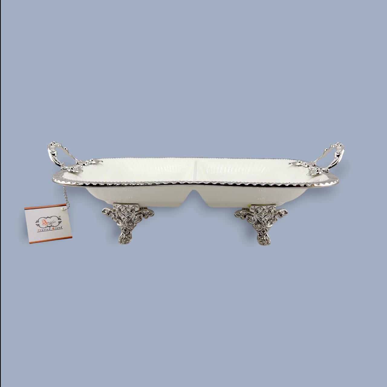 Angela Country Rectangular Silver Blue Roses Porcelain 2-Section Serving Footed Dish 34*23 CM (AB-42)