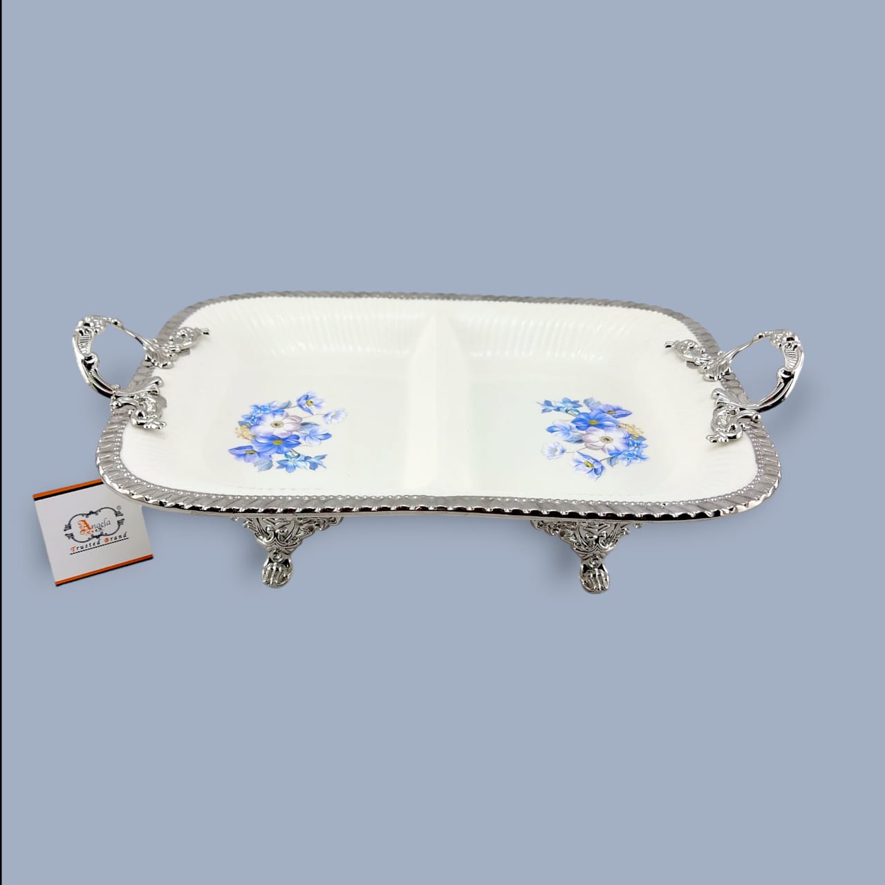 Angela Country Rectangular Silver Blue Roses Porcelain 2-Section Serving Footed Dish 34*23 CM (AB-42)