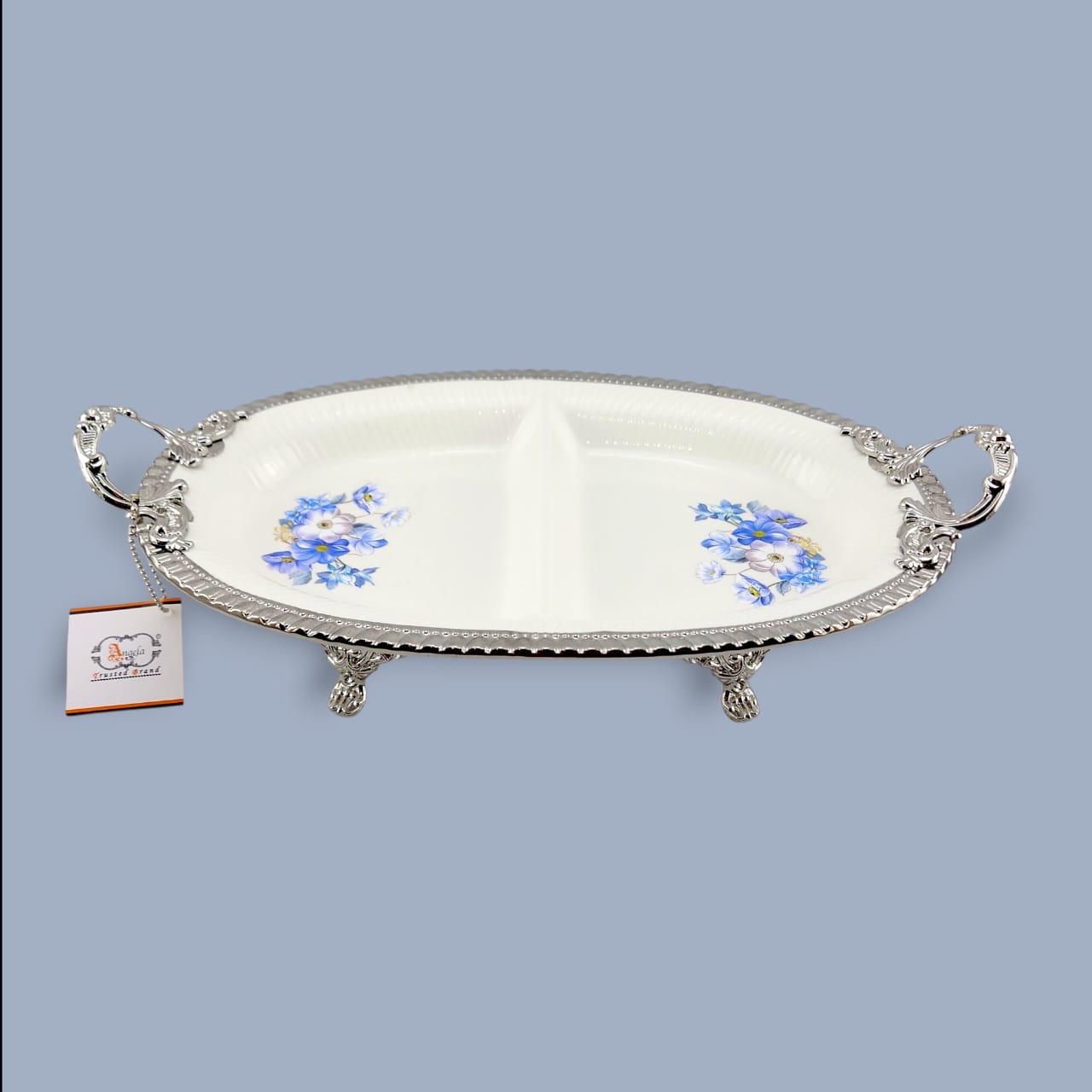 Angela Country Oval Silver Blue Roses Porcelain 2-Section Serving Footed Dish 36*22 CM (AB-40) Kaka Bawa Sons