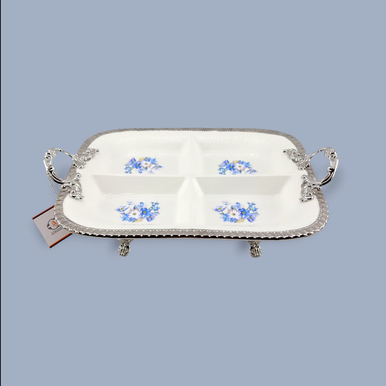 Angela Country Rectangular Silver Blue Roses Porcelain 4-Section Serving Footed Dish 34*24 CM (AB-41)