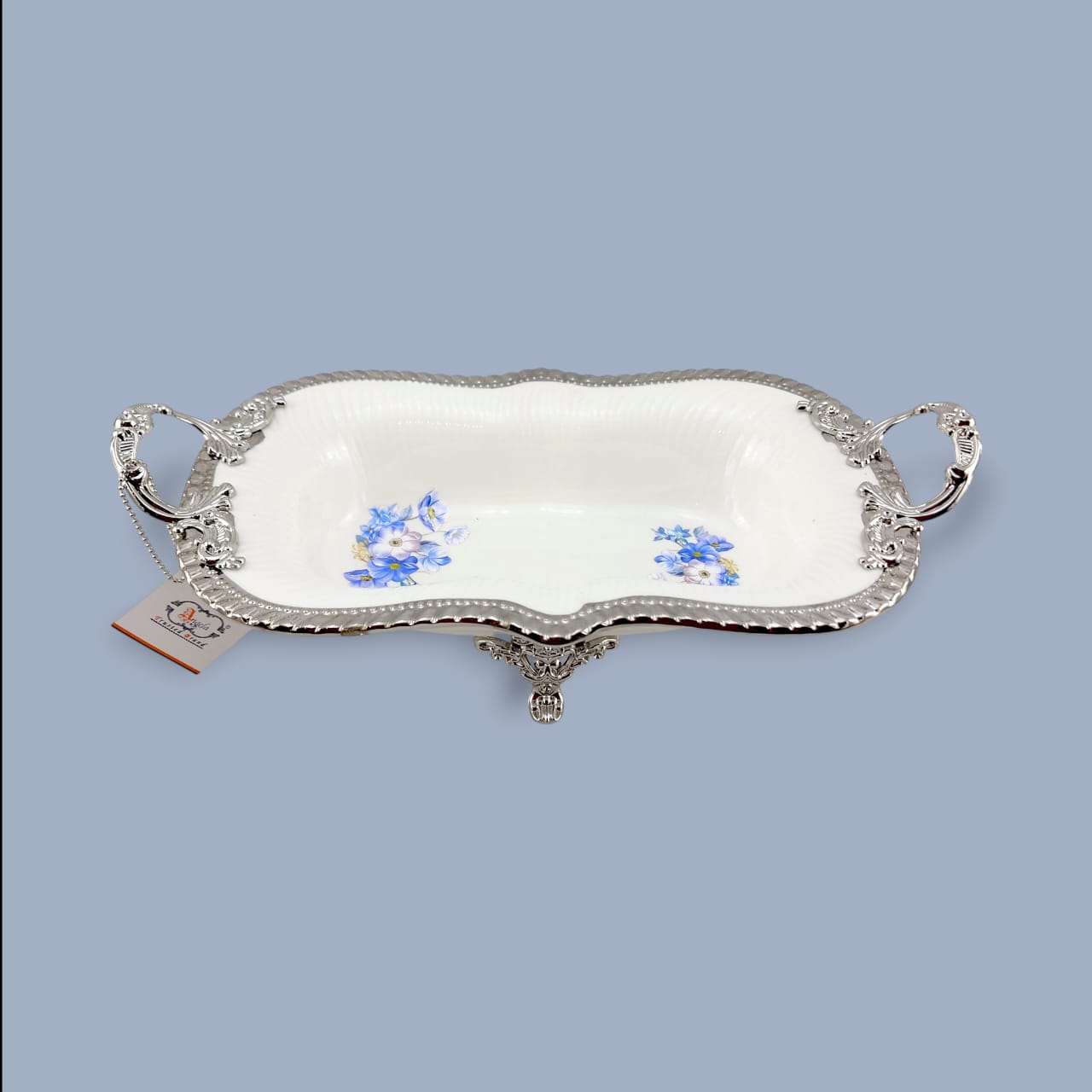 Angela Country Rectangular Silver Blue Roses Porcelain Serving Footed Dish 30*18 CM (AB-50)