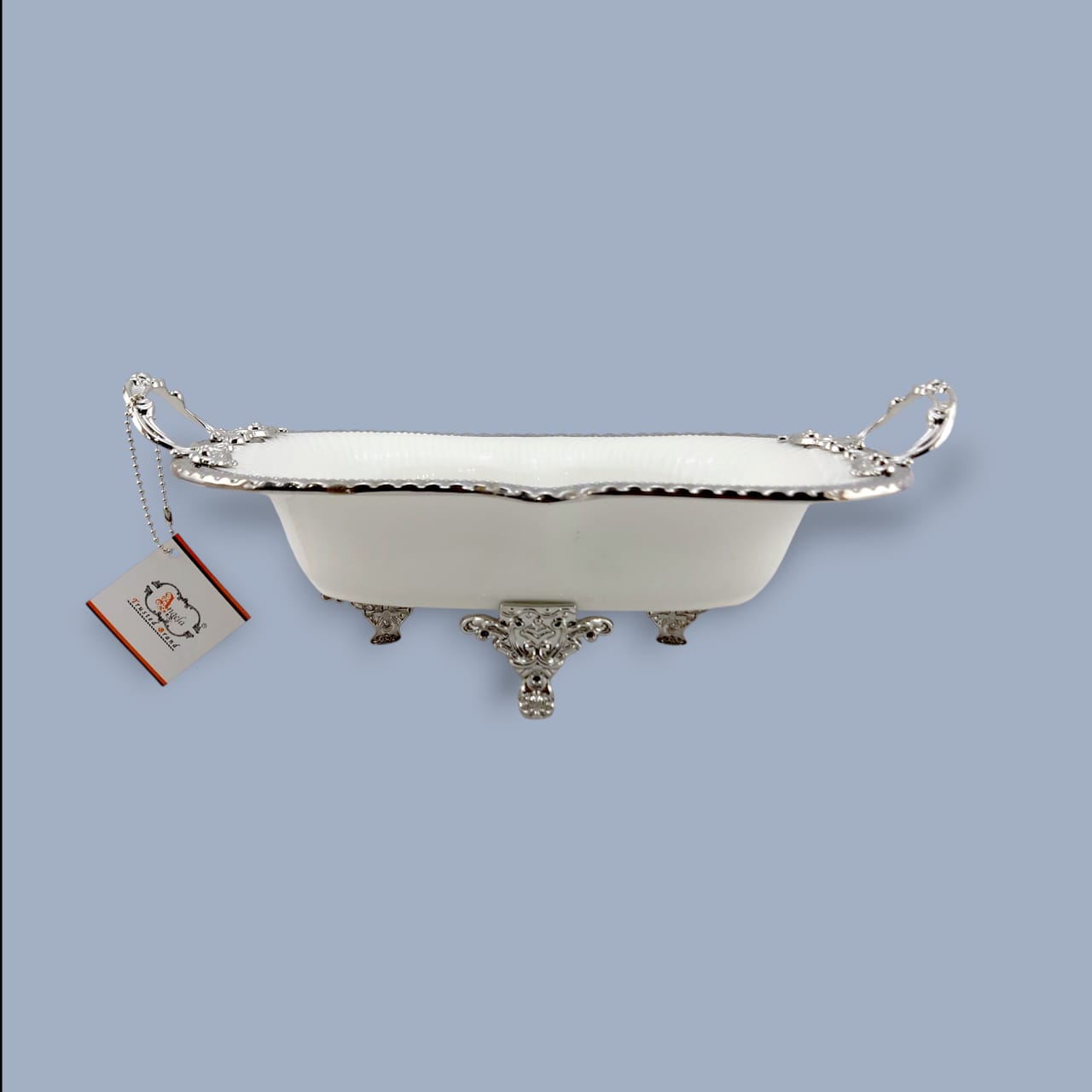 Angela Country Rectangular Silver Blue Roses Porcelain Serving Footed Dish 30*18 CM (AB-50)