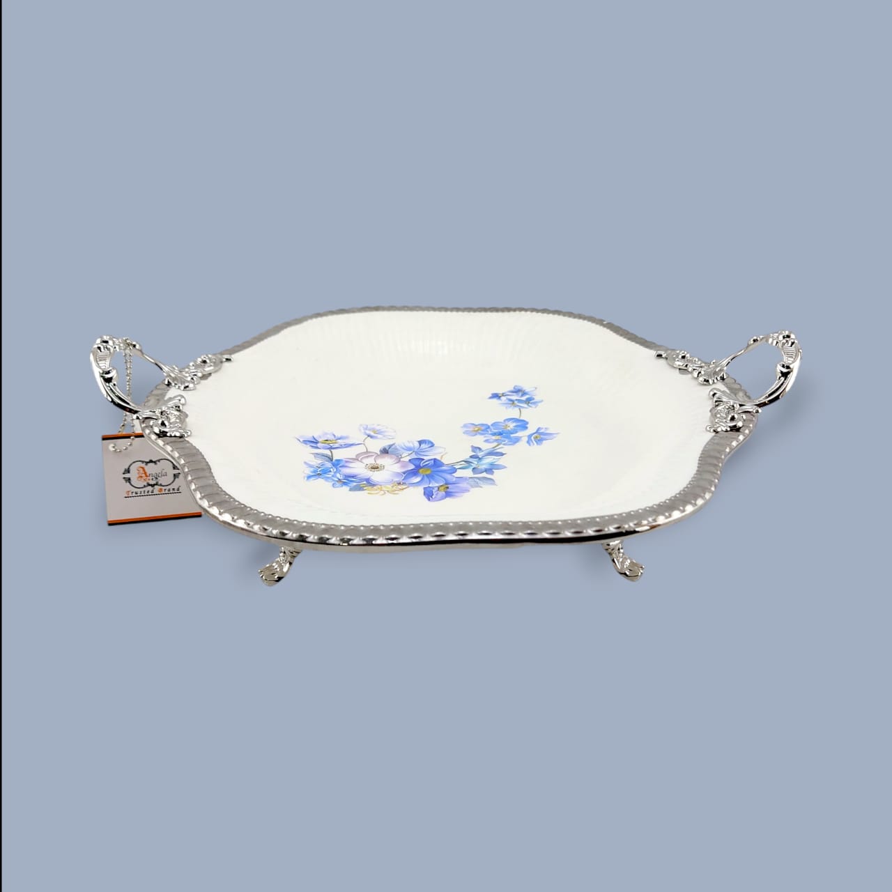 Angela Country Round Silver Blue Roses Porcelain Serving Footed Dish 31 CM (AB-53)
