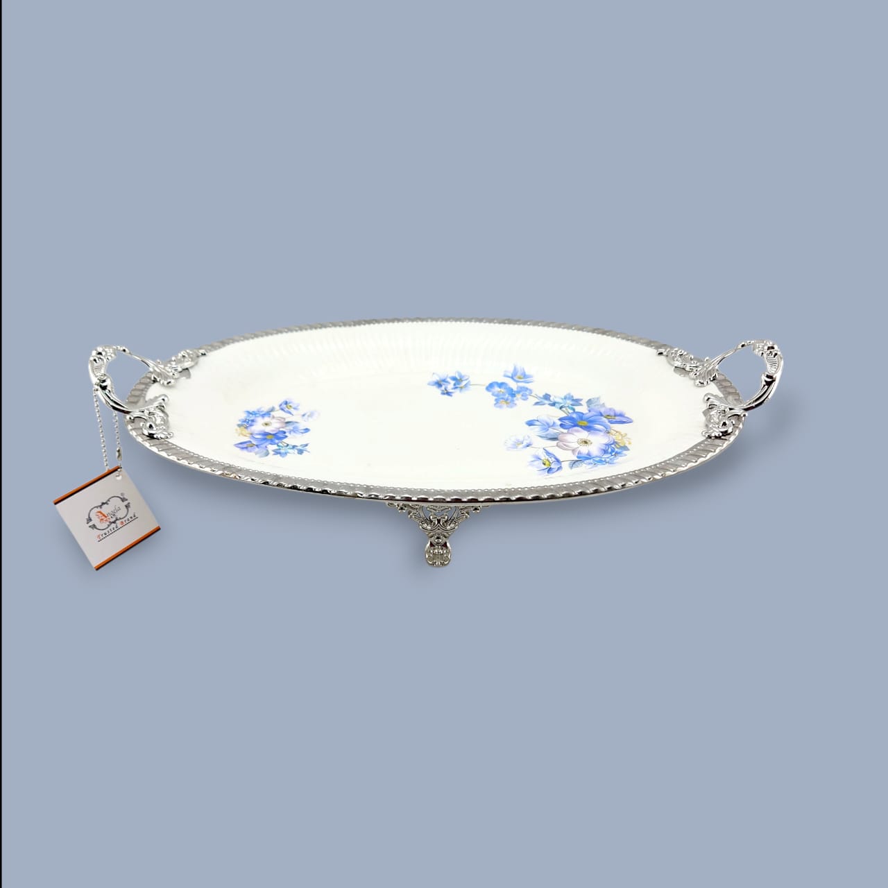 Angela Country Oval Silver Blue Roses Porcelain Serving Footed Dish 38*23 CM (AB-43)